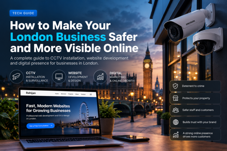 Illustration of CCTV cameras, a business website on a laptop and the London skyline, representing security and online visibility.